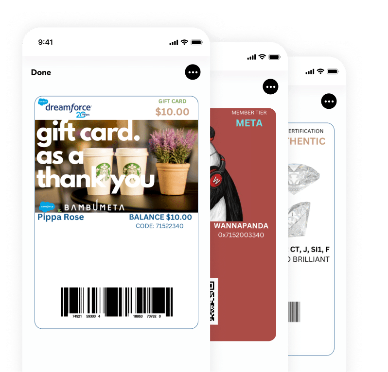 Smartphone screens displaying various mobile wallet passes including a gift card, a membership card, and a certification pass.