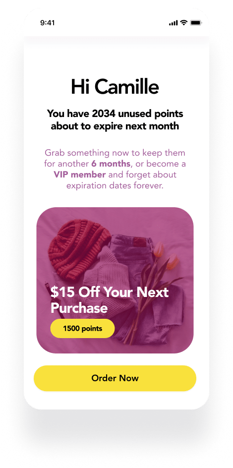 Smartphone screen displaying a loyalty points reminder and a $15 reward offer over an image of clothing items.
