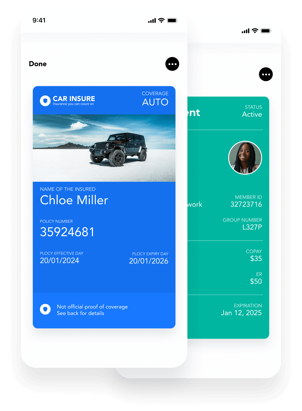Two mobile wallet insurance cards displayed on a smartphone, showing auto and health coverage details, member information, and expiration dates for quick access.