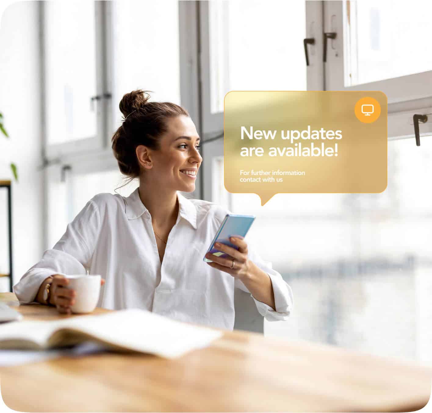 Customer smiling while checking a smartphone and receiving a mobile wallet notification about new updates, highlighting timely communication through digital wallet passes.