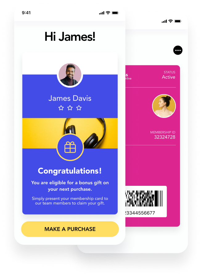 Mobile wallet membership cards displayed on smartphones, showing personalized member profiles, reward messages, and scannable barcodes for seamless engagement and redemption.