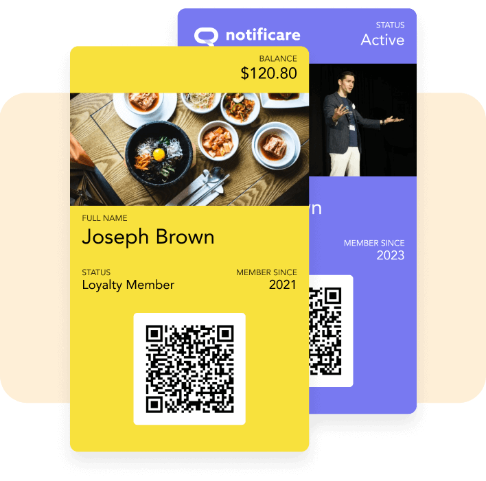 Digital wallet membership card showing member details, balance, and QR code for in-store redemption, displayed alongside another branded mobile wallet pass.