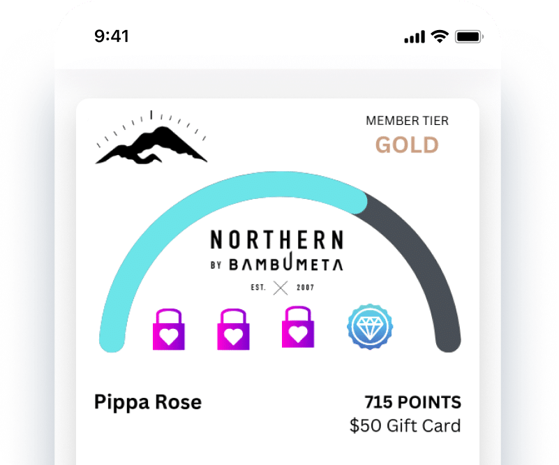 Mobile wallet loyalty card displaying member tier status, points progress, and available rewards, including a points balance and gift card reward for a customer.