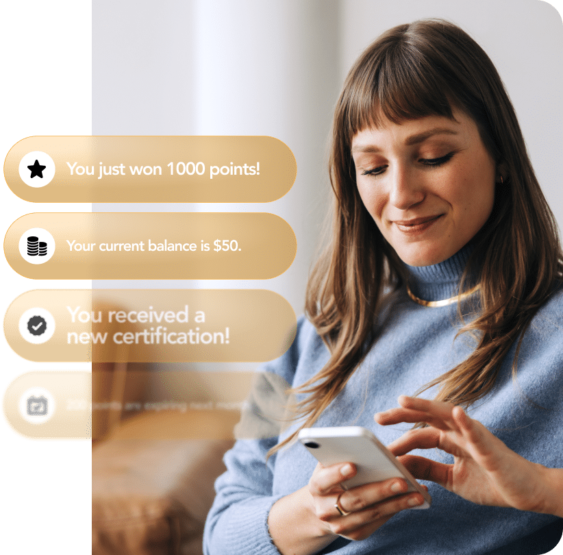 Customer checking their phone while receiving mobile wallet notifications for earned points, updated balance, and new rewards or certifications.