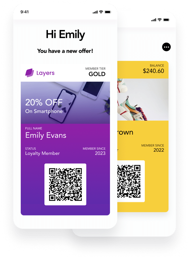 2 retail mobile wallet passes. One purple and the other one behind it is yellow.