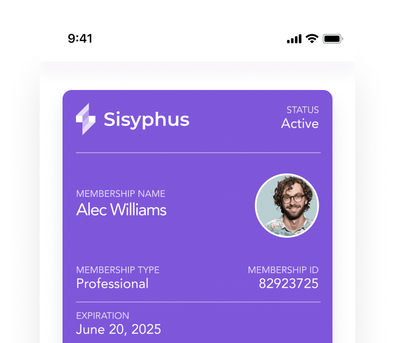 Mobile wallet membership card showing active status, member name, membership type, ID number, and expiration date for quick verification on a smartphone.
