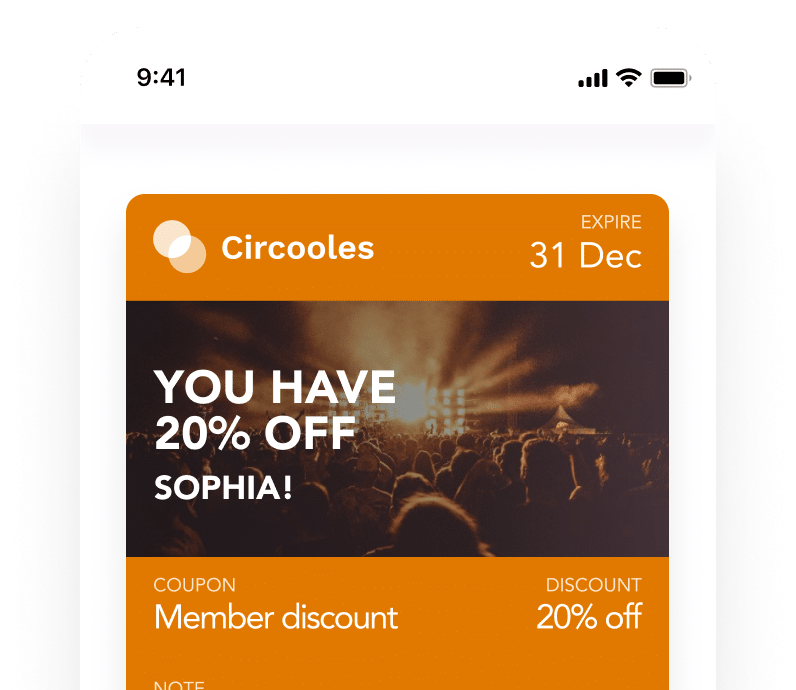 Mobile wallet coupon showing a personalized 20 percent member discount with event imagery, expiration date, and offer details displayed on a smartphone.