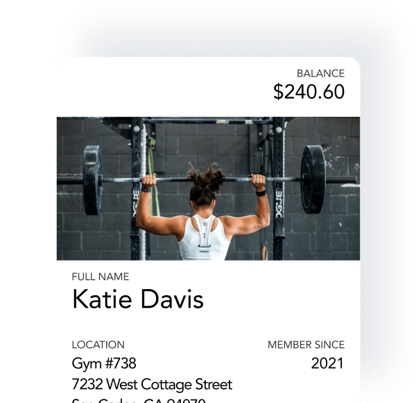 Mobile wallet membership card for a fitness program, displaying member details, balance, and gym location with a background image of a member working out.