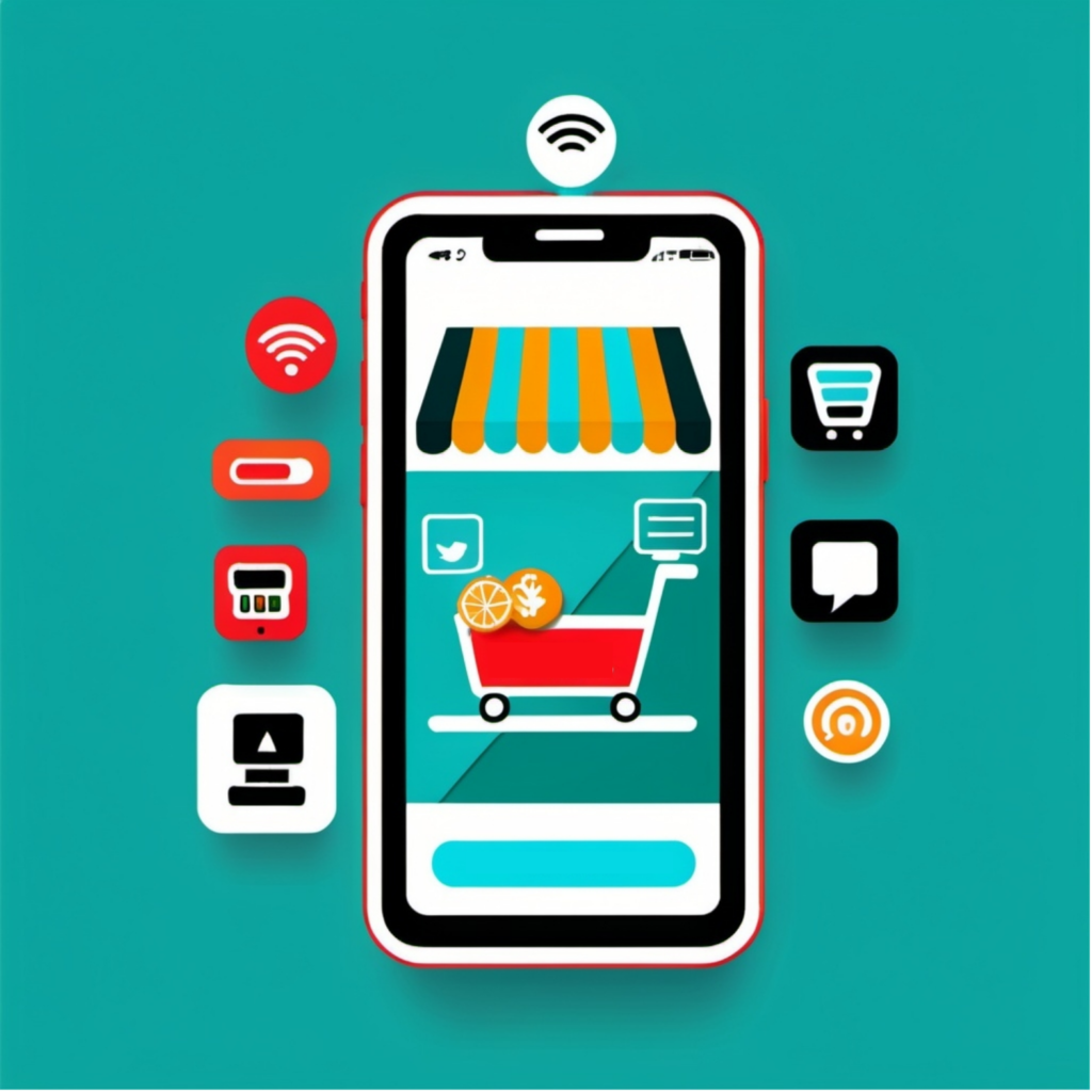 An illustration of a smartphone displaying a digital shopping cart app, surrounded by various colorful app icons. The app icons include symbols such as a Wi-Fi signal, shopping cart, and chat bubbles, all set against a vibrant teal background.