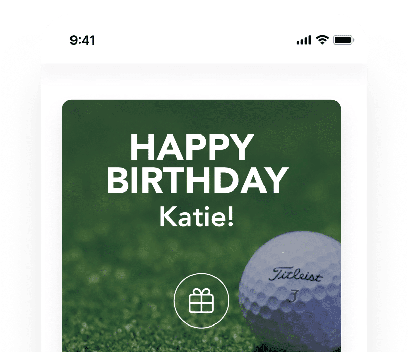 Mobile wallet card displaying a birthday greeting and reward icon, representing personalized lifecycle messaging delivered through a digital wallet.