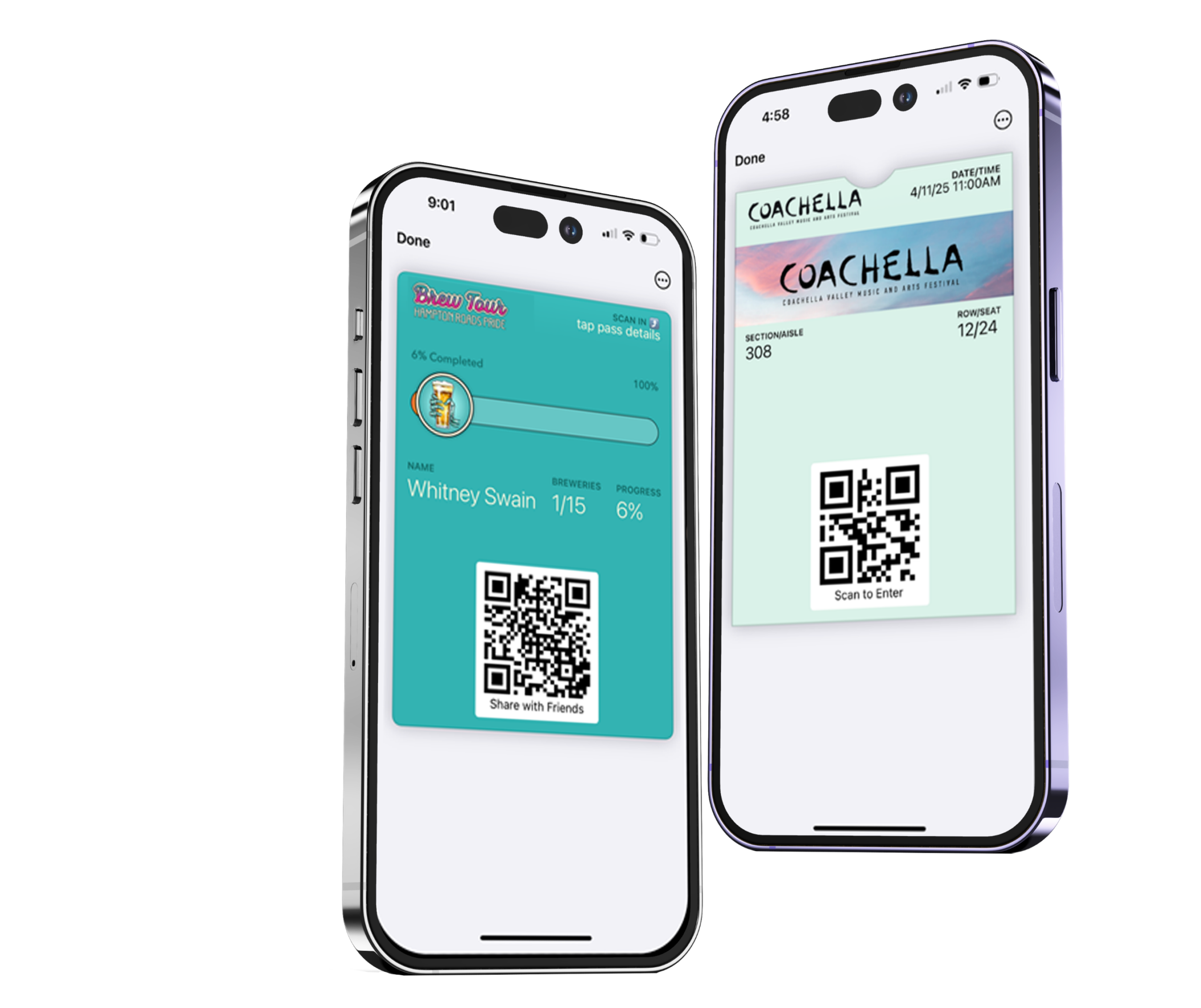 Smartphones displaying digital event tickets in a mobile wallet, showing QR codes for event entry and streamlined attendee check-in and management.