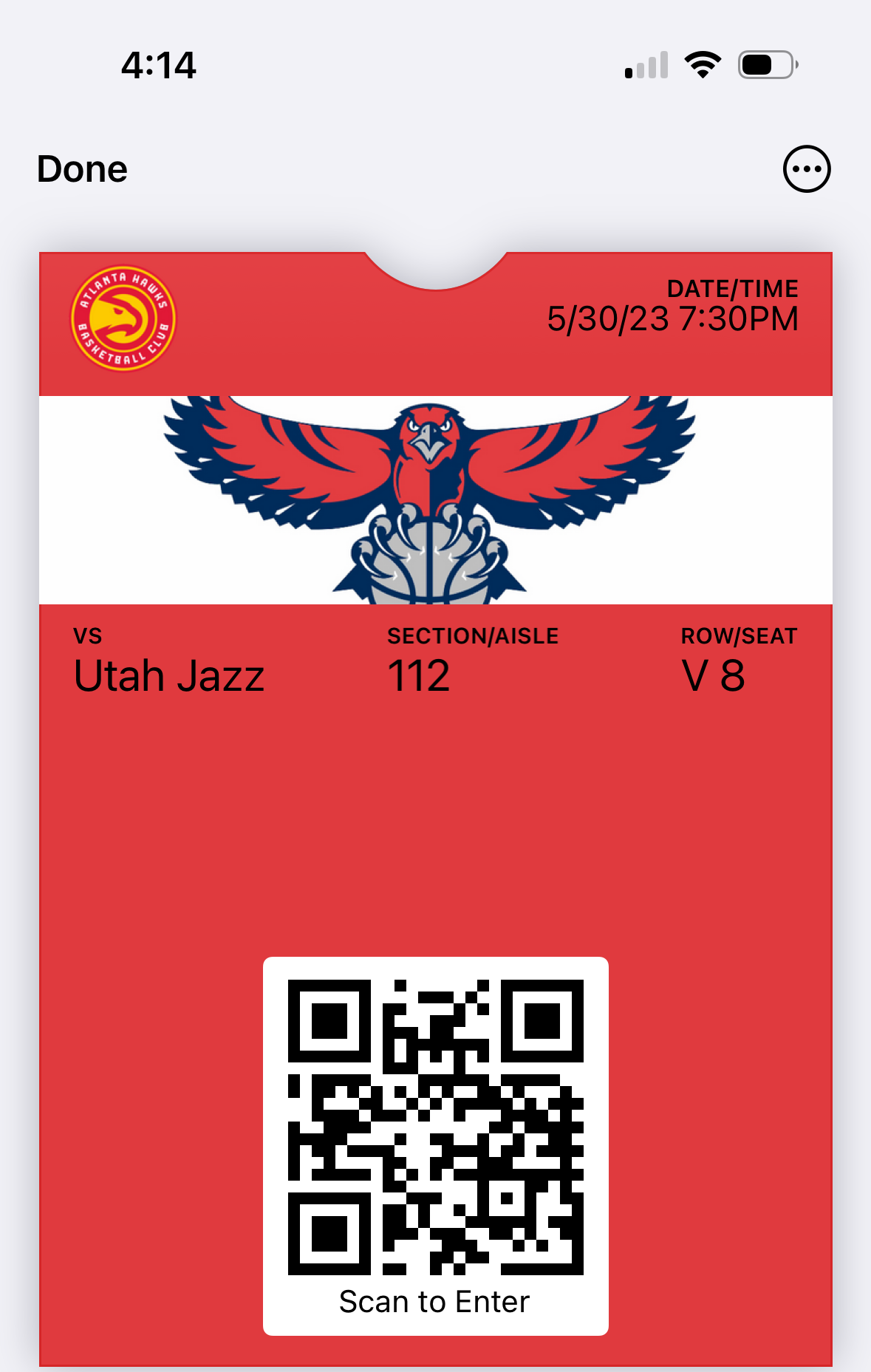 Mobile wallet event ticket displayed on a smartphone, featuring event details, seat information, and a QR code for fast, contactless entry.