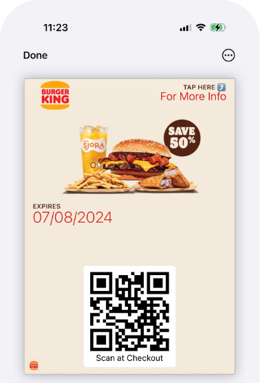 Mobile wallet coupon displayed on a smartphone, featuring a branded food offer, expiration date, and QR code for scanning at checkout.