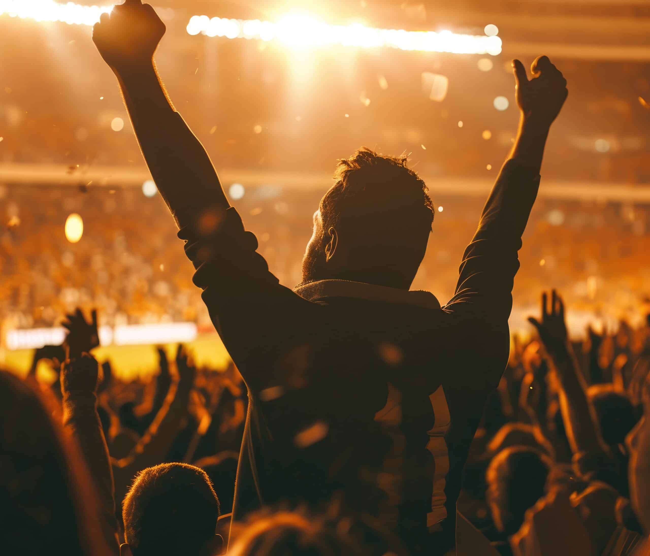 Excited fan raising their arms in a packed stadium, representing high-energy fan engagement and memorable experiences powered by digital wallet fan programs.