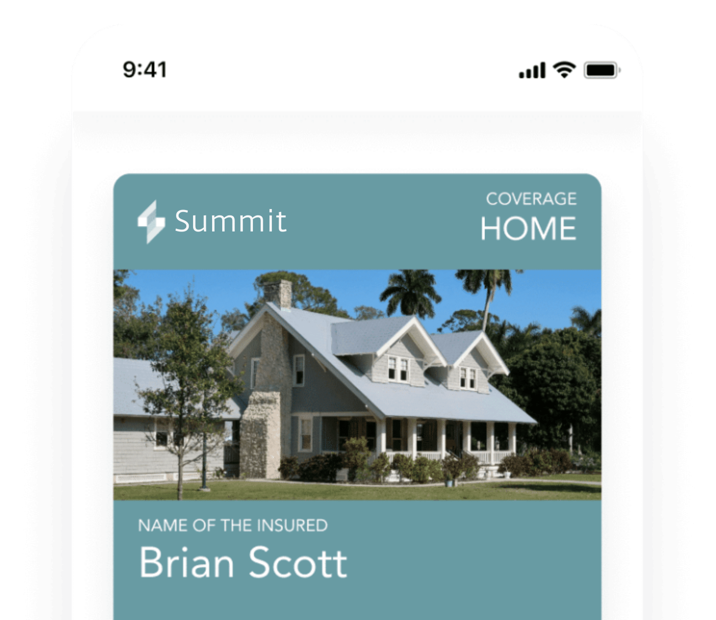 Mobile wallet home insurance card displaying coverage details and insured homeowner information, designed for quick access on a smartphone.
