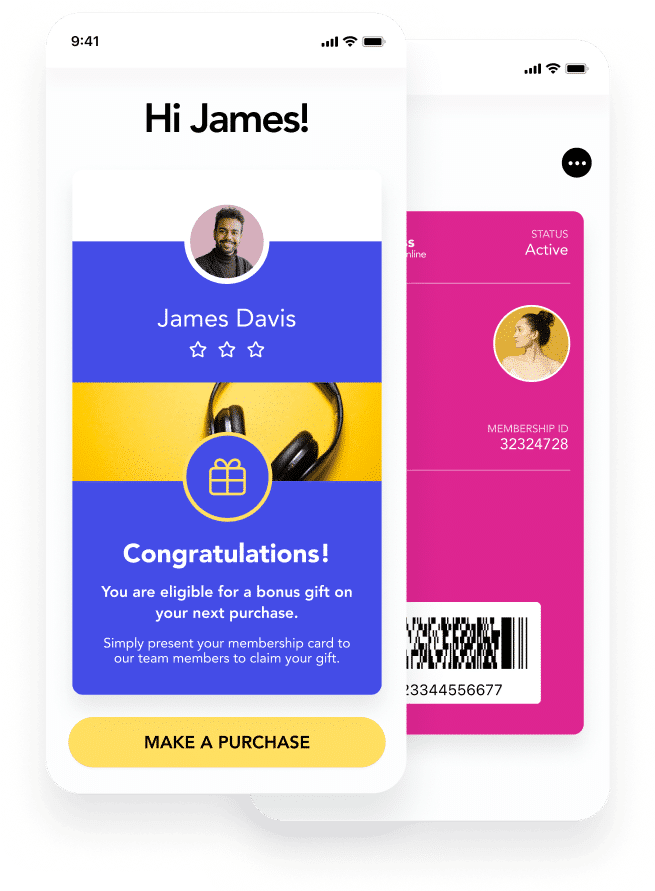 Mobile wallet loyalty card showing a personalized bonus reward notification, member profile details, and barcode for in-store redemption on a smartphone.