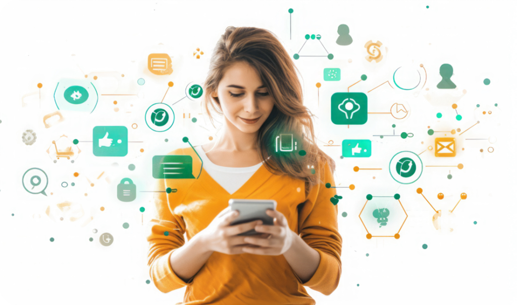 Customer using a smartphone surrounded by engagement and data icons, representing how digital wallet passes connect communication, rewards, and insights into a single mobile experience.