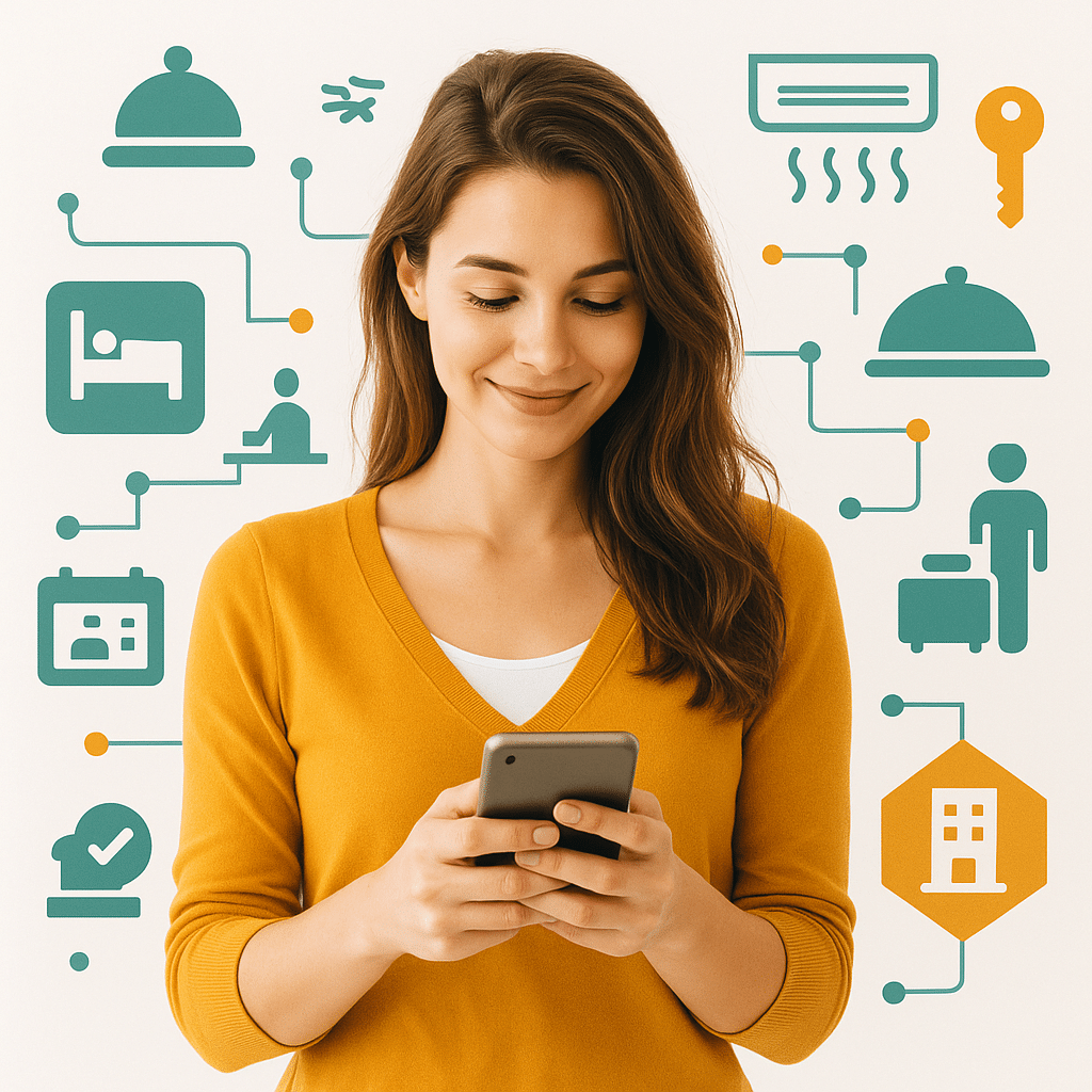 Customer using a smartphone surrounded by service icons, representing how a mobile wallet pass connects access, services, and updates into a single, unified guest experience.