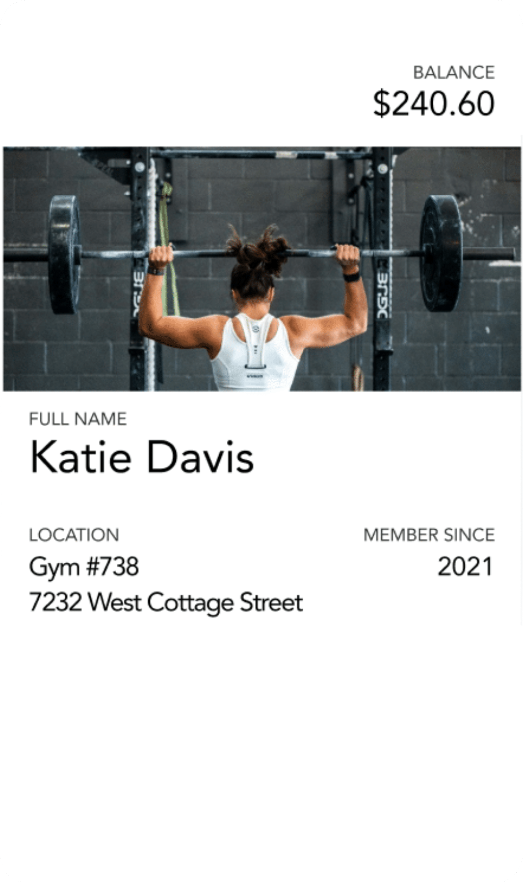 Mobile wallet gym pass with woman lifting a barbell.
