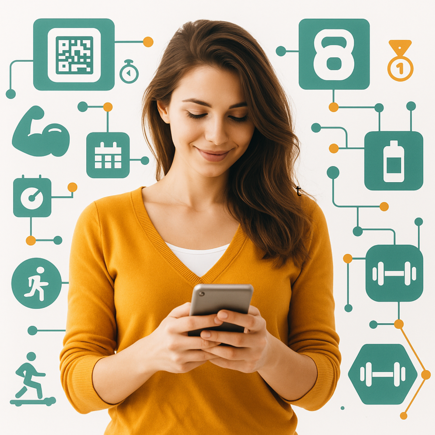 A young woman in a mustard-yellow sweater looks down at her smartphone, surrounded by gym-related digital icons including a QR code, dumbbells, a calendar, a stopwatch, and strength symbols, representing digital wallet passes and fitness technology integration.