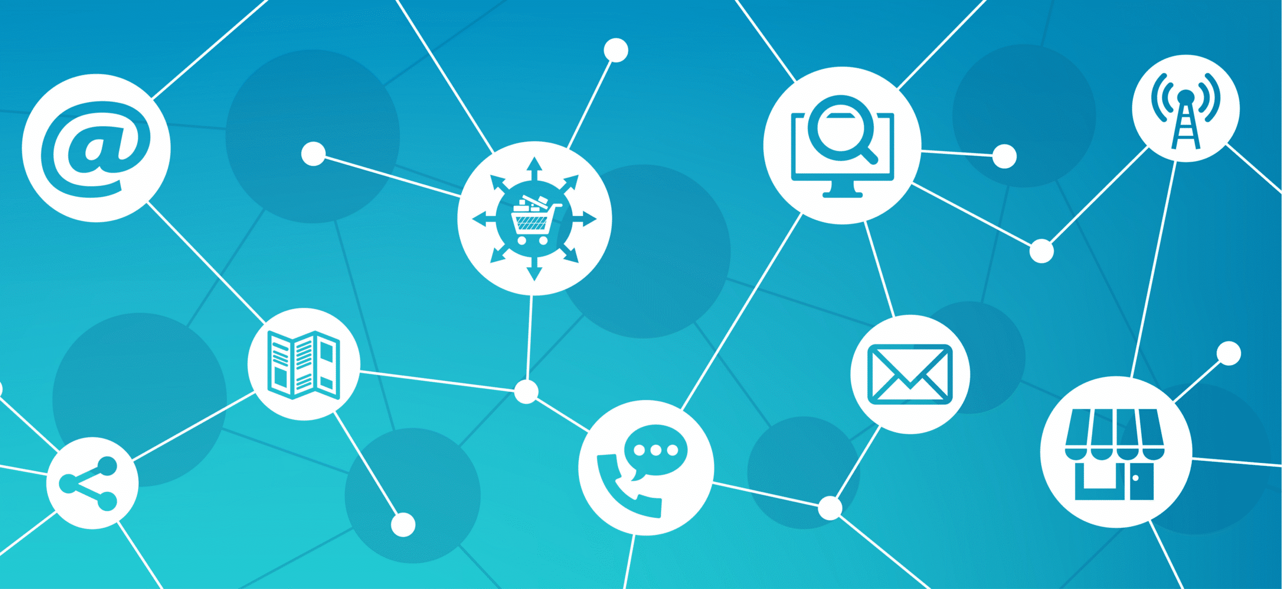 Illustration showing interconnected marketing and communication icons, including email, phone, social media, online shopping, and storefront symbols, representing connected marketing channels.