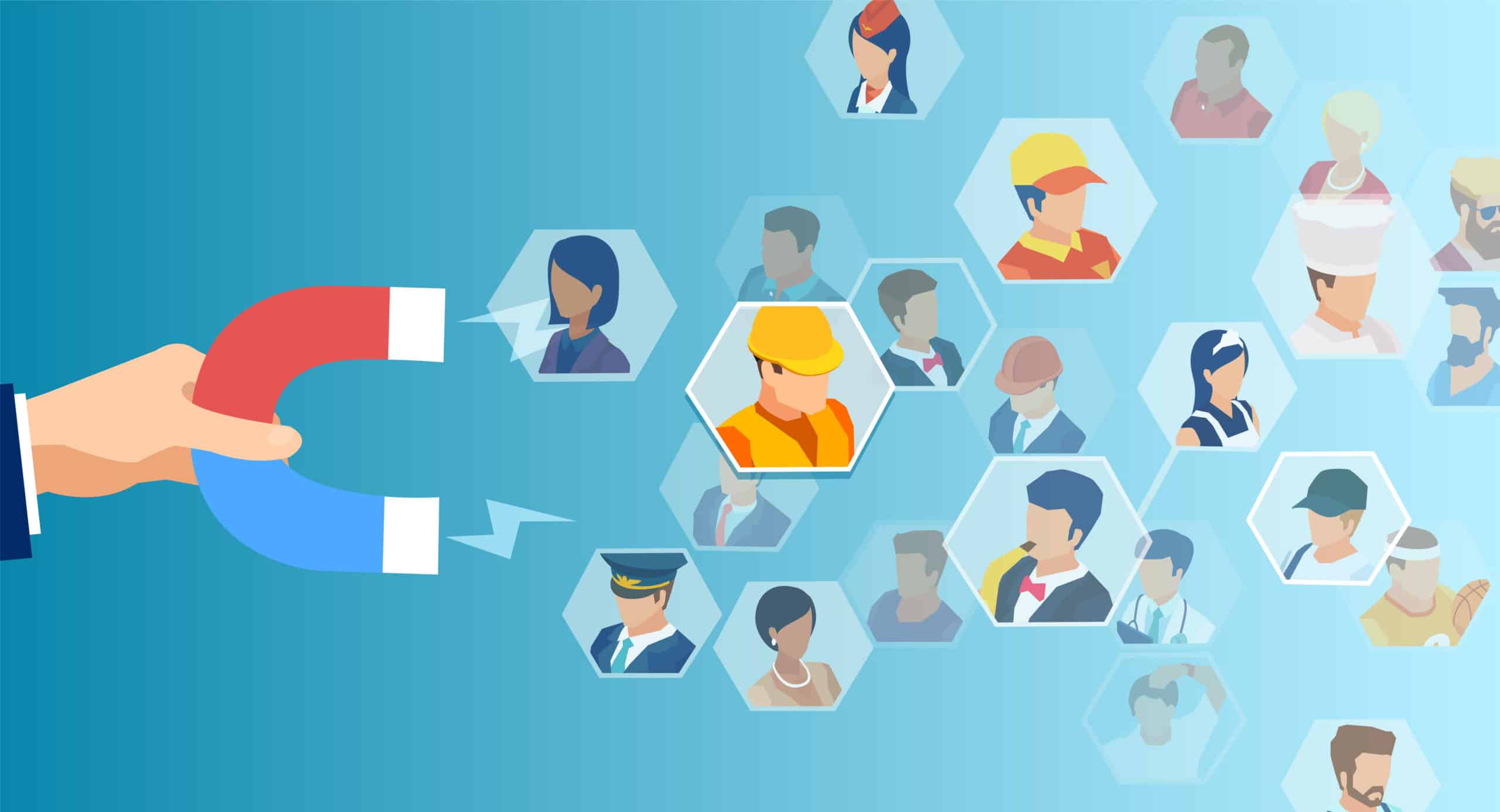 A hand holding a red and blue magnet pulling in illustrated worker profiles from various professions, symbolizing attracting diverse customers.