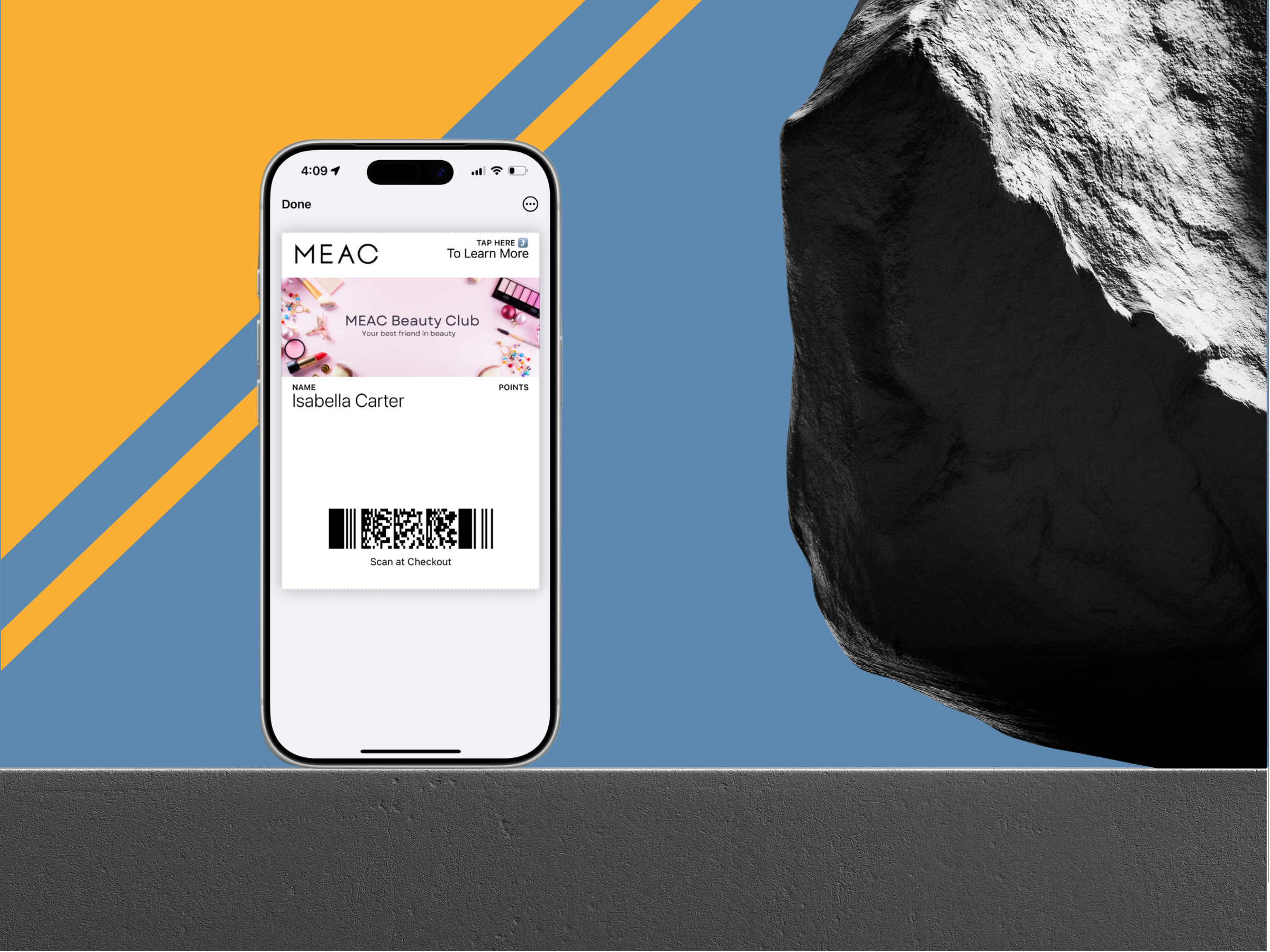 iPhone displaying a digital beauty club loyalty card inside Apple Wallet, featuring member name and scannable barcode, set against a modern blue and gold branded background with a stone sculpture element.