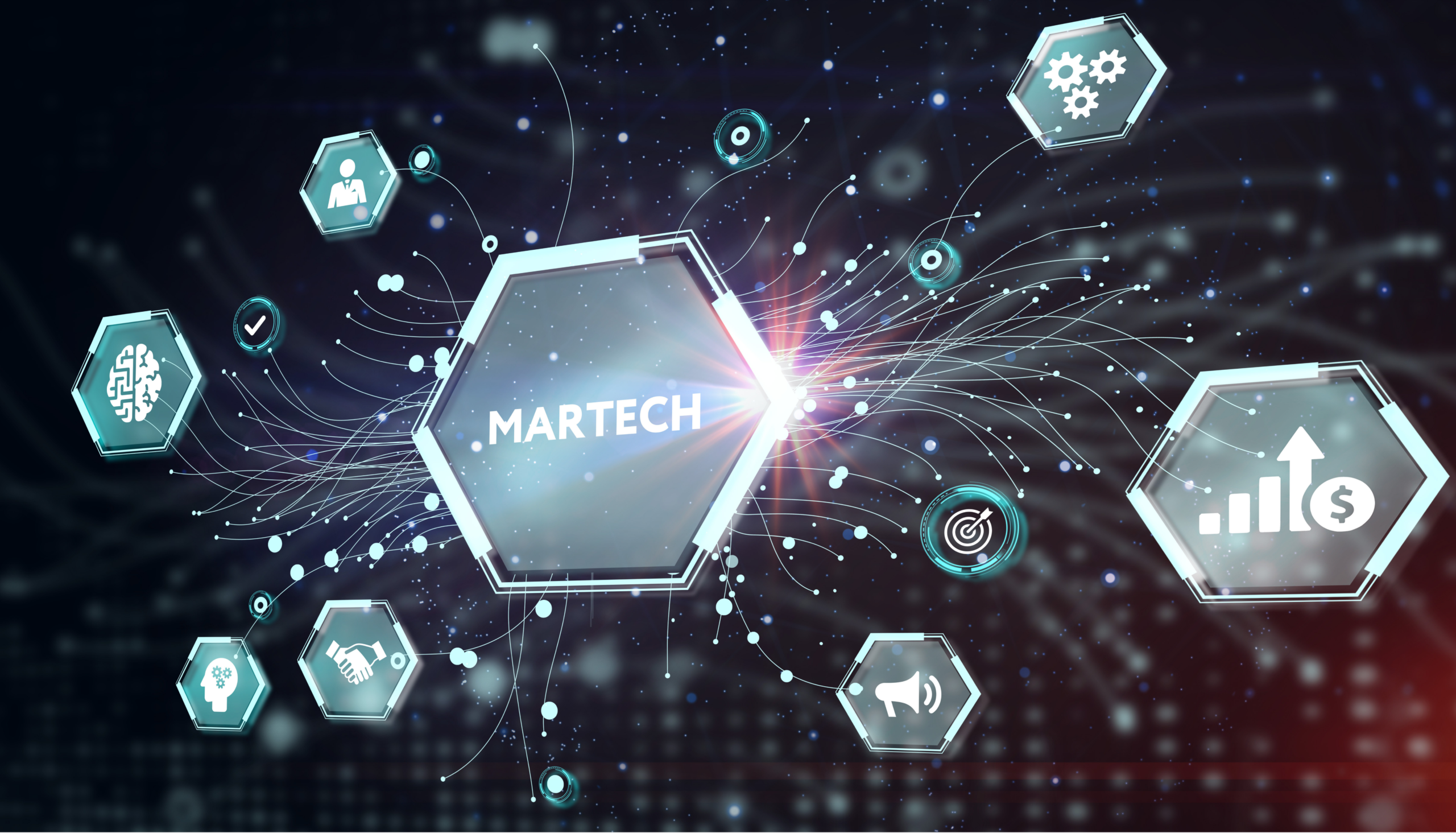 Digital illustration of a central hexagon labeled “Martech” connected by glowing data lines to surrounding icons representing analytics, automation, AI, targeting, revenue growth, and marketing tools against a dark technology themed background.
