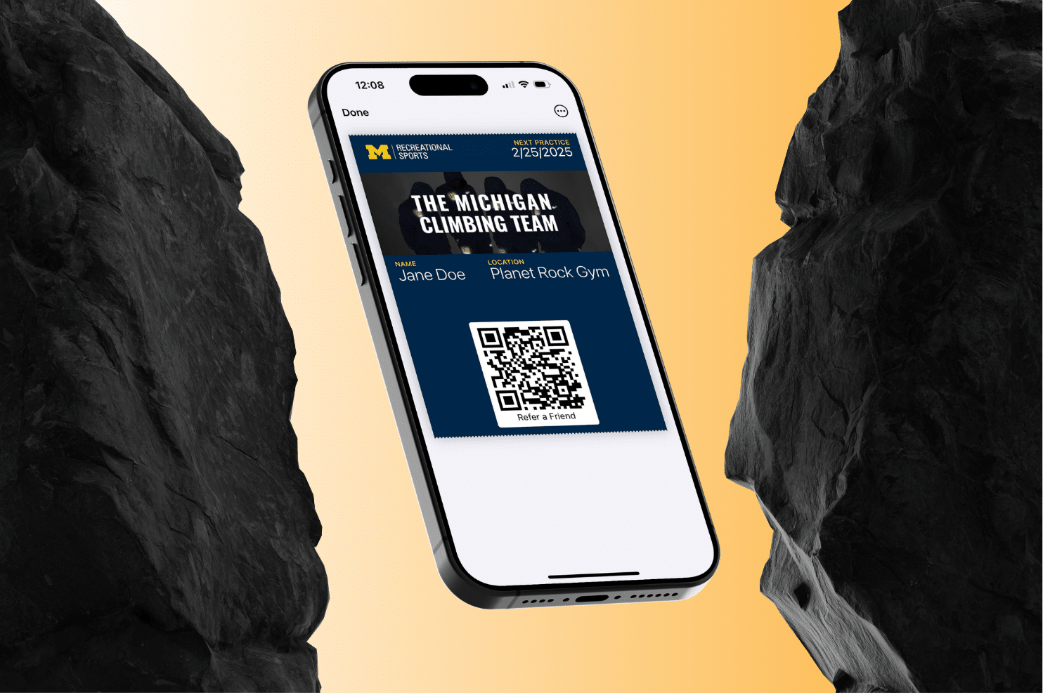 Smartphone showing a digital recreational sports membership pass for a university climbing team with QR code.