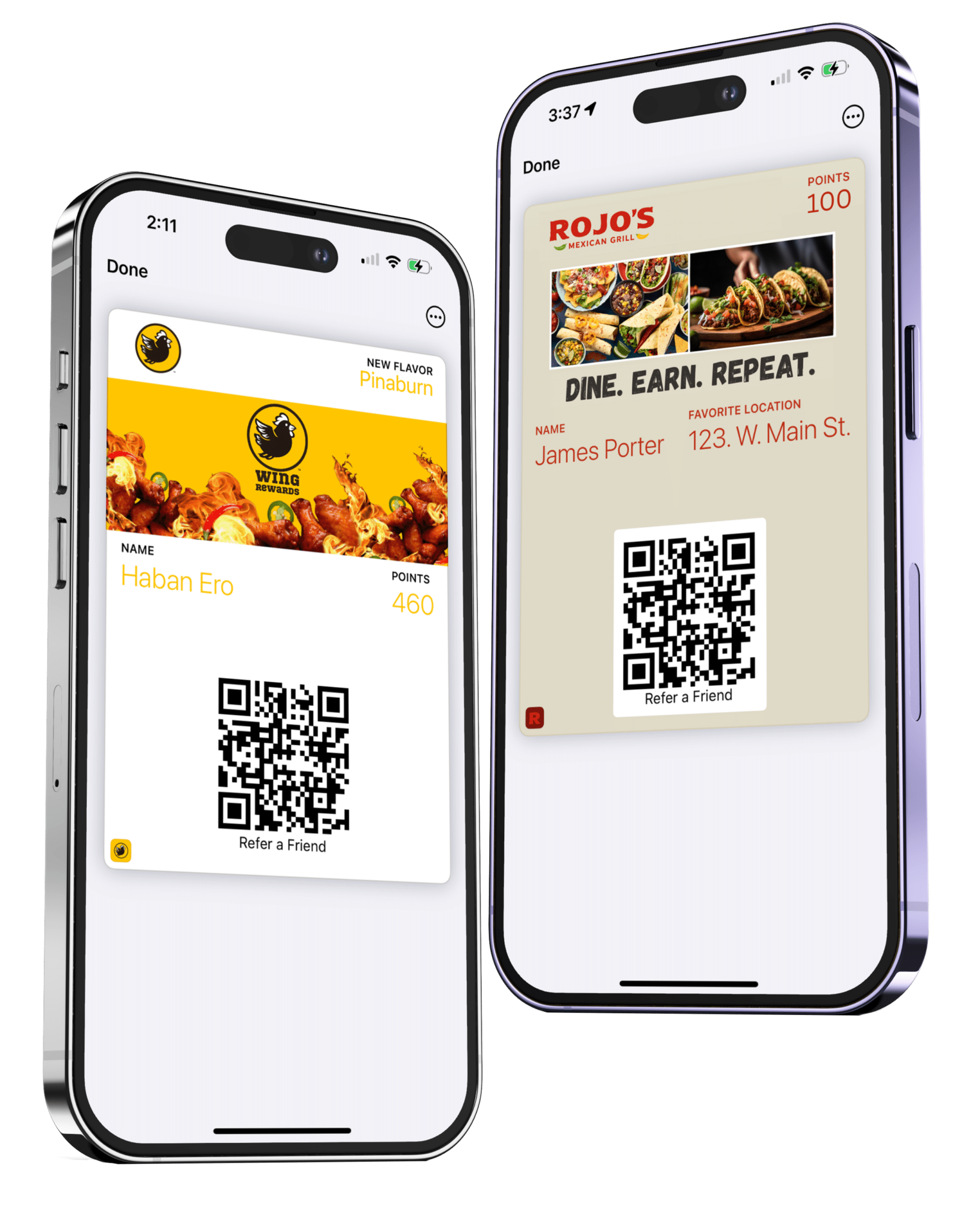 Two smartphones displaying branded digital wallet loyalty cards with QR codes, points balances, and reward details for easy in-store or online redemption.