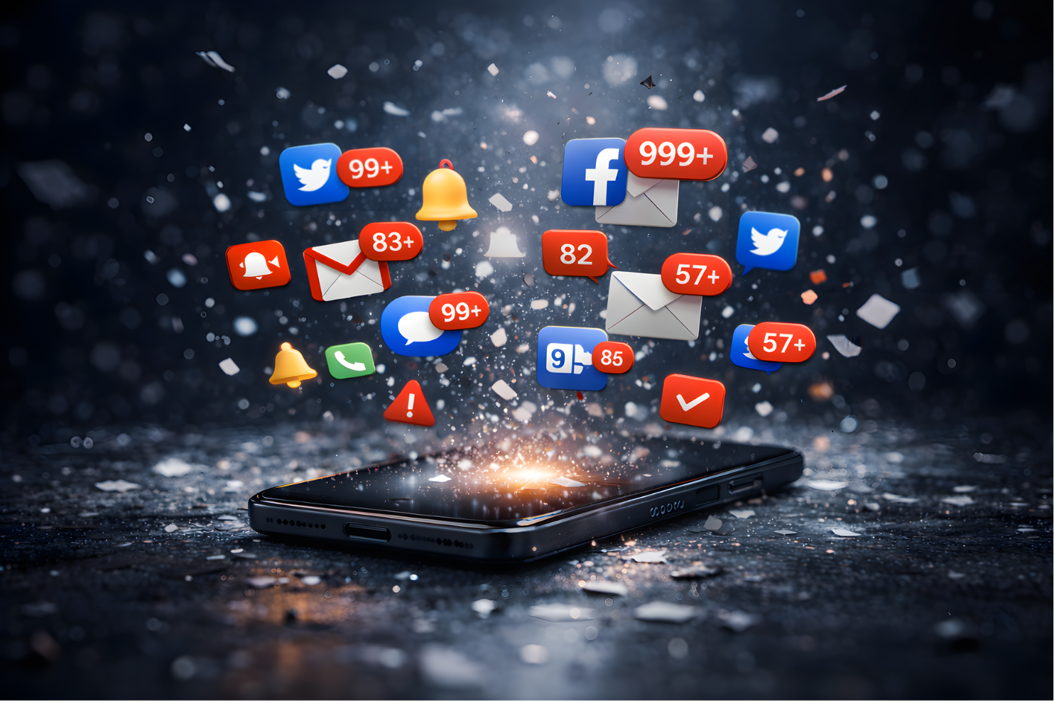 Smartphone surrounded by overflowing notification icons from email, social media, and messaging apps illustrating digital overload and notification fatigue.