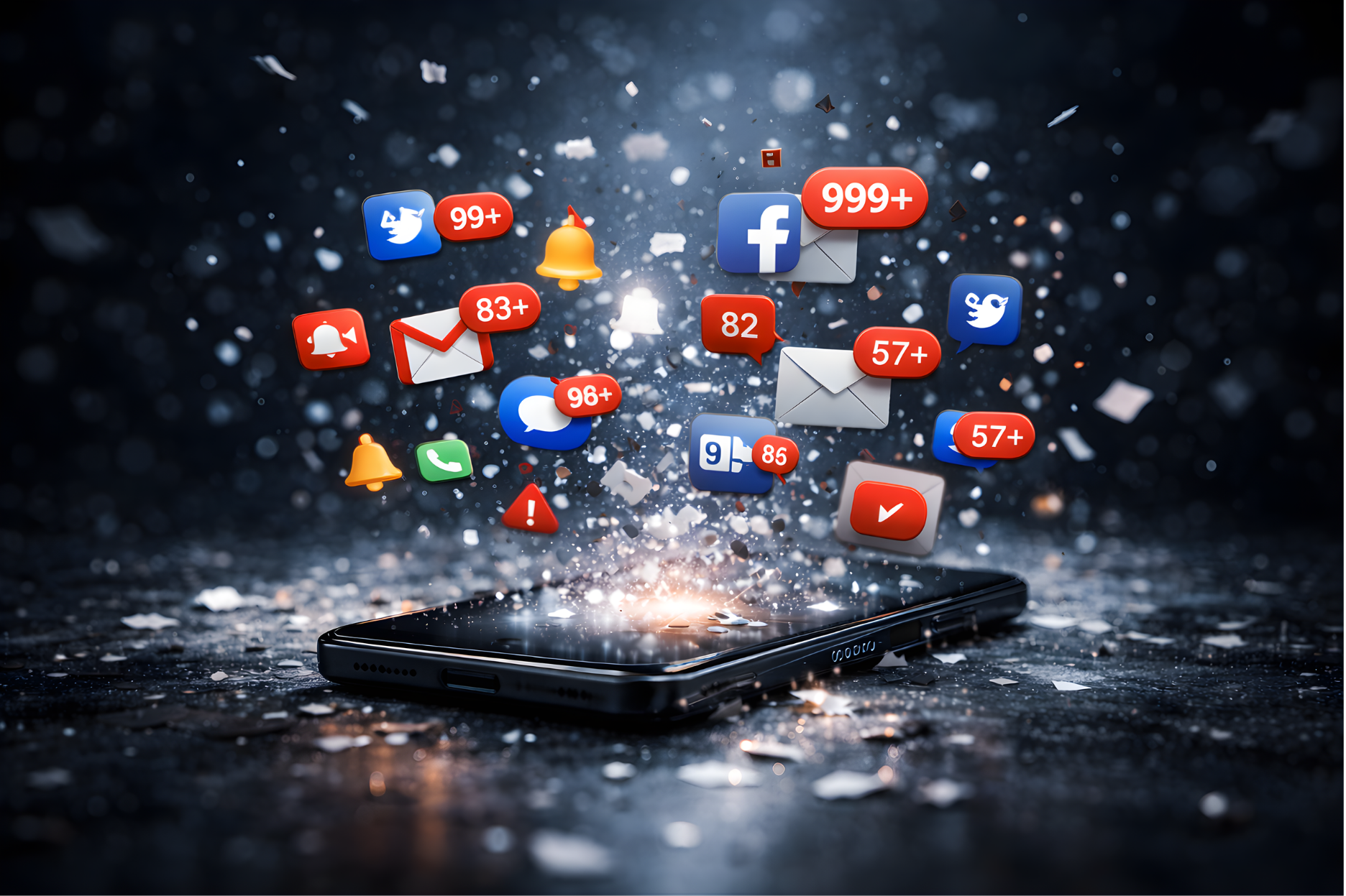 Smartphone surrounded by overflowing notification icons from email, social media, and messaging apps illustrating digital overload and notification fatigue.