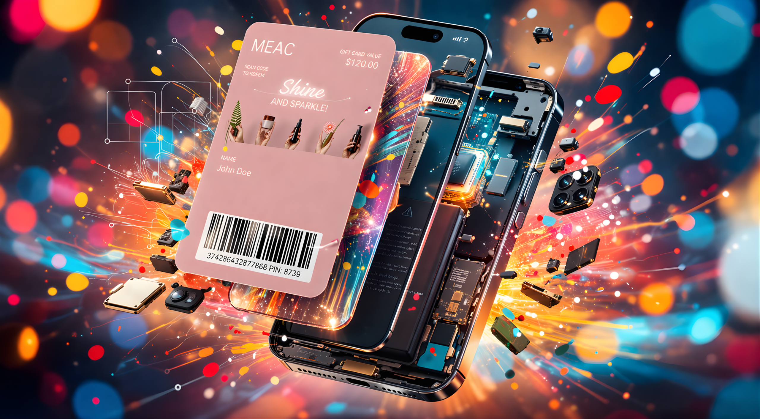 A mobile wallet gift card pass displayed in front of a stylized, exploded smartphone with glowing internal components and dynamic digital elements, illustrating mobile wallet technology and digital engagement.