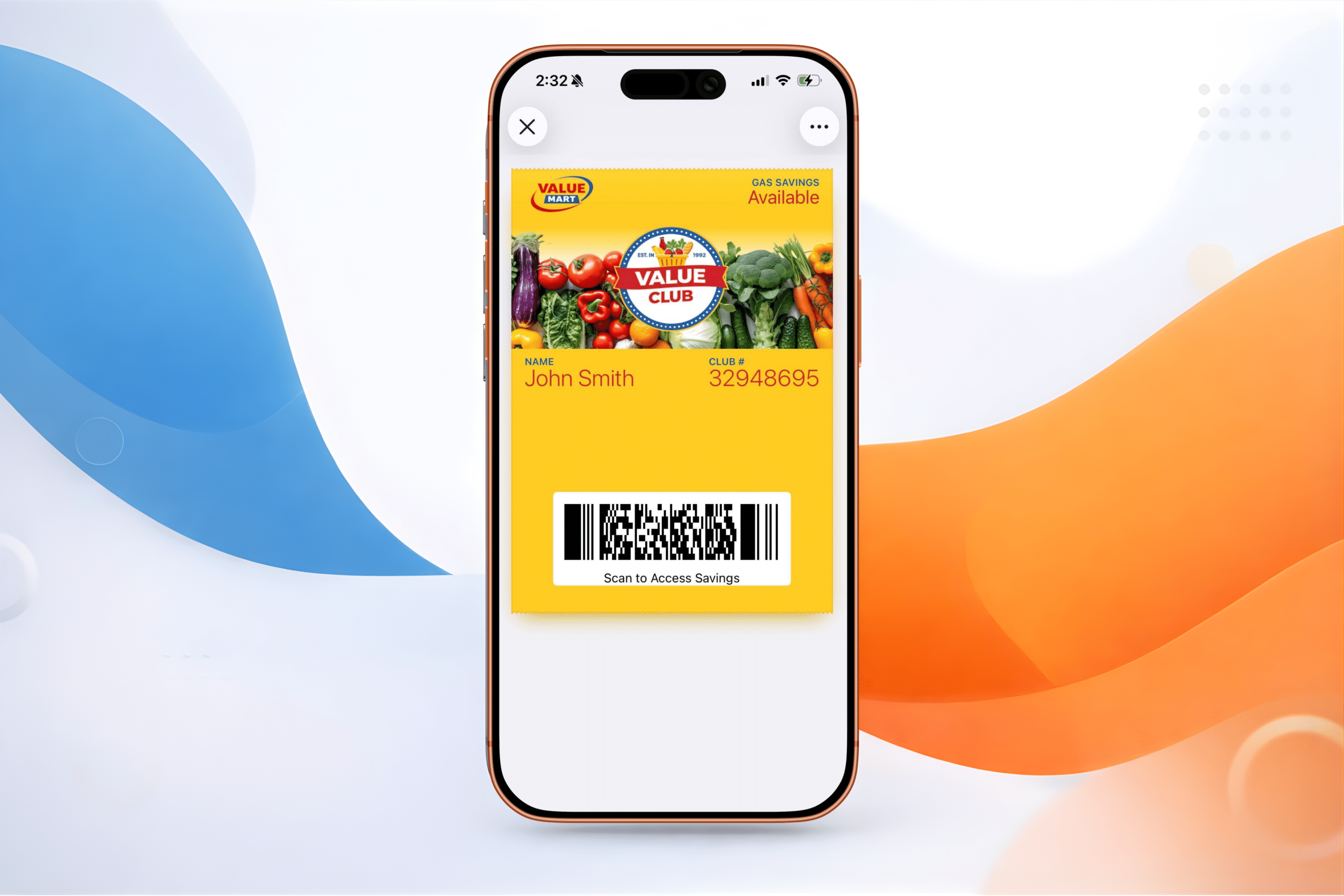 A smartphone displaying a grocery store loyalty card in Apple Wallet, featuring a “Value Club” membership with a barcode, member name, and club number for scanning at checkout to access savings.