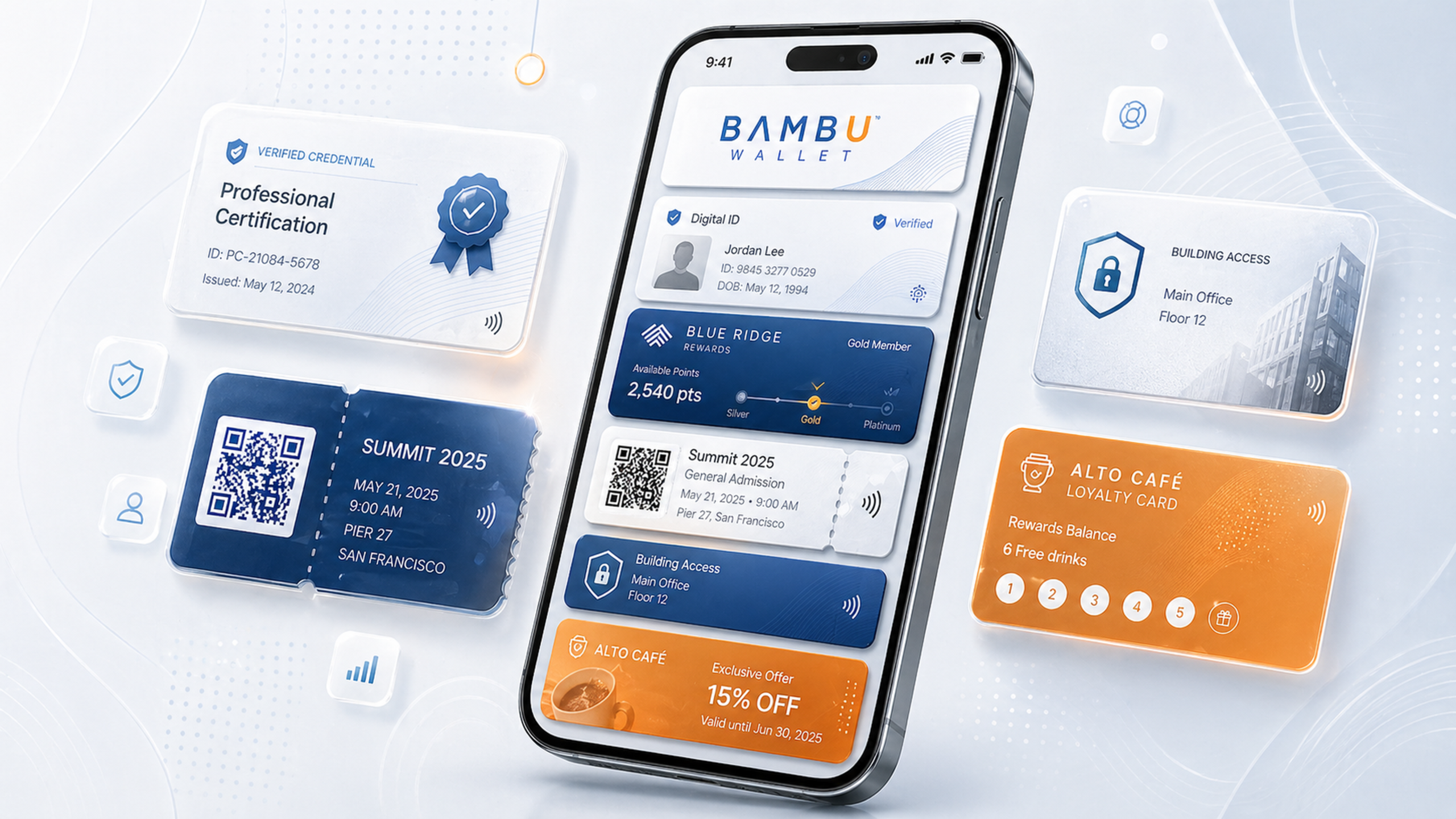 Smartphone showing a digital wallet with ID, loyalty card, and access passes for Summit 2025 and a building lobby.