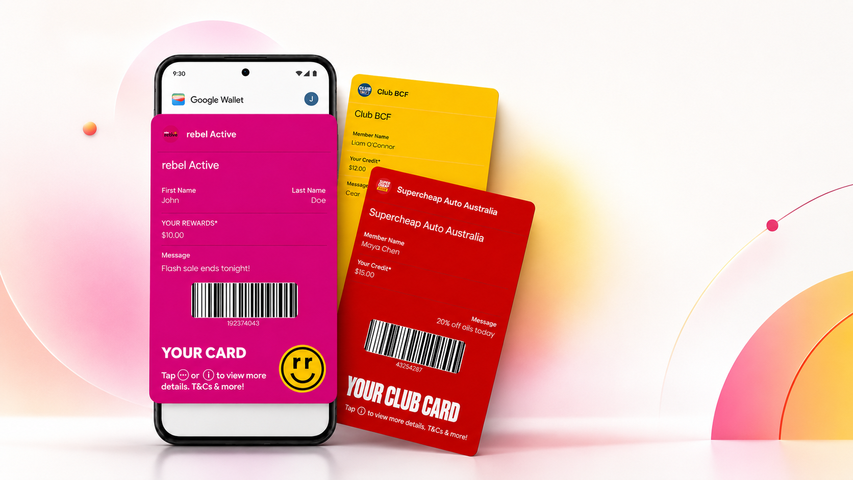 Digital loyalty cards displayed in Google Wallet on a smartphone with colorful mobile wallet passes for retail rewards and customer engagement programs.