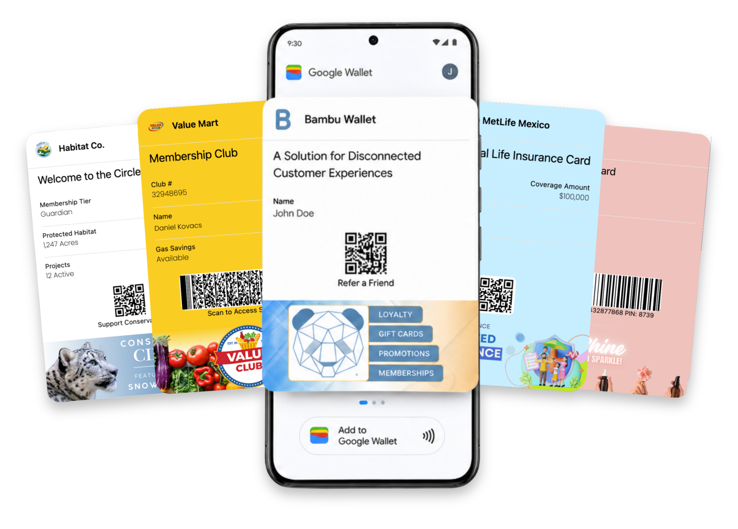 Smartphone displaying a Bambu Wallet pass in Google Wallet, with multiple digital passes fanned out behind it, including loyalty, membership, insurance, and retail cards, each featuring QR or barcode scanning for access and rewards.
