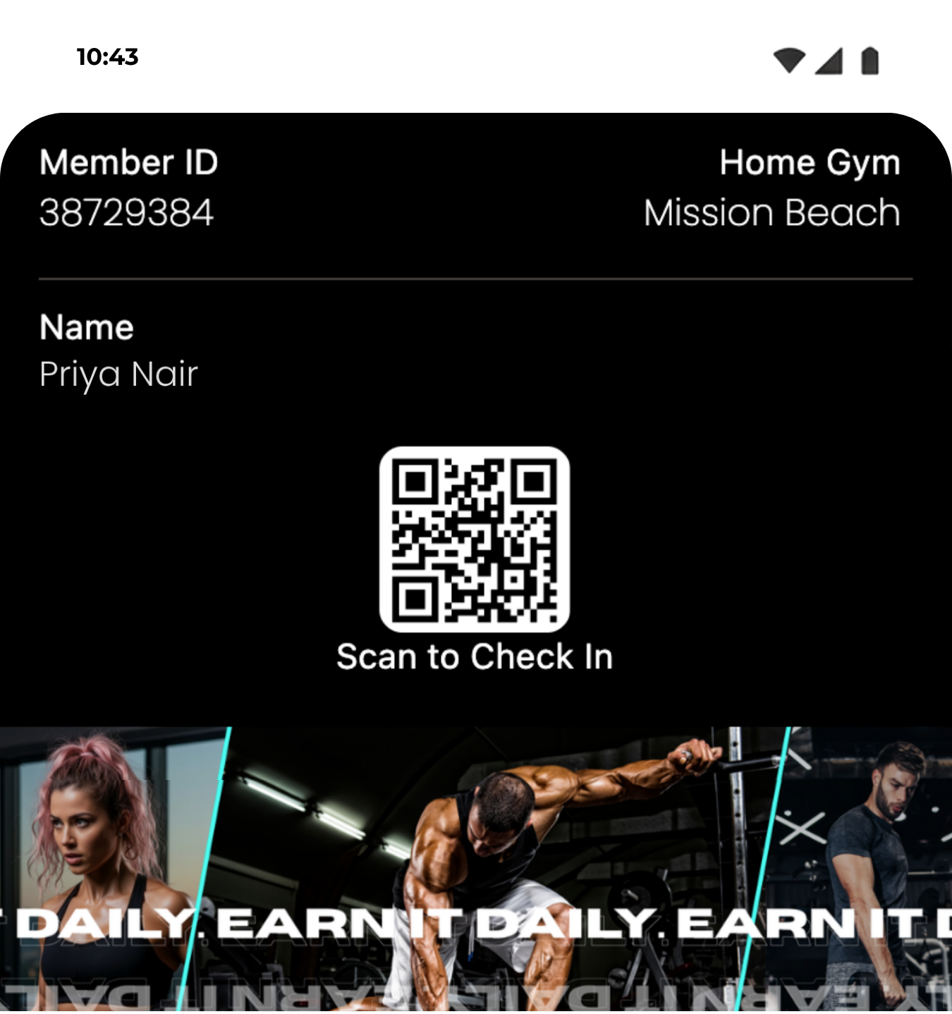 Google Wallet gym membership pass showing member ID, name, and home gym, with a QR code for check-in and a fitness-themed banner at the bottom.