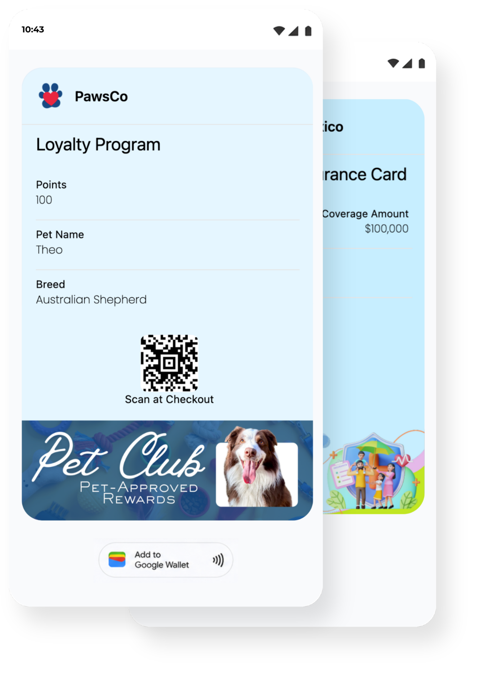 Loyalty Program screen for PawsCo showing 100 points, Pet Name Theo, Breed Australian Shepherd, and a QR code for checkout Scan at Checkout.