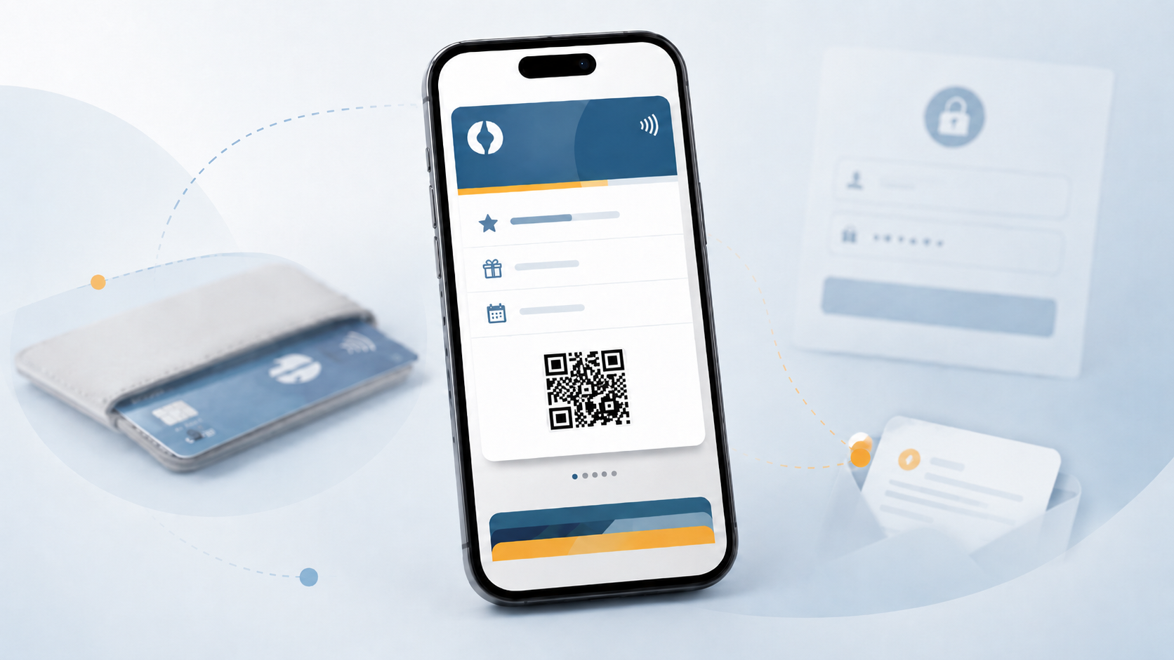 Smartphone displaying a digital wallet pass with blurred background elements representing physical cards, login friction, and customer notifications in a clean blue enterprise-style environment.