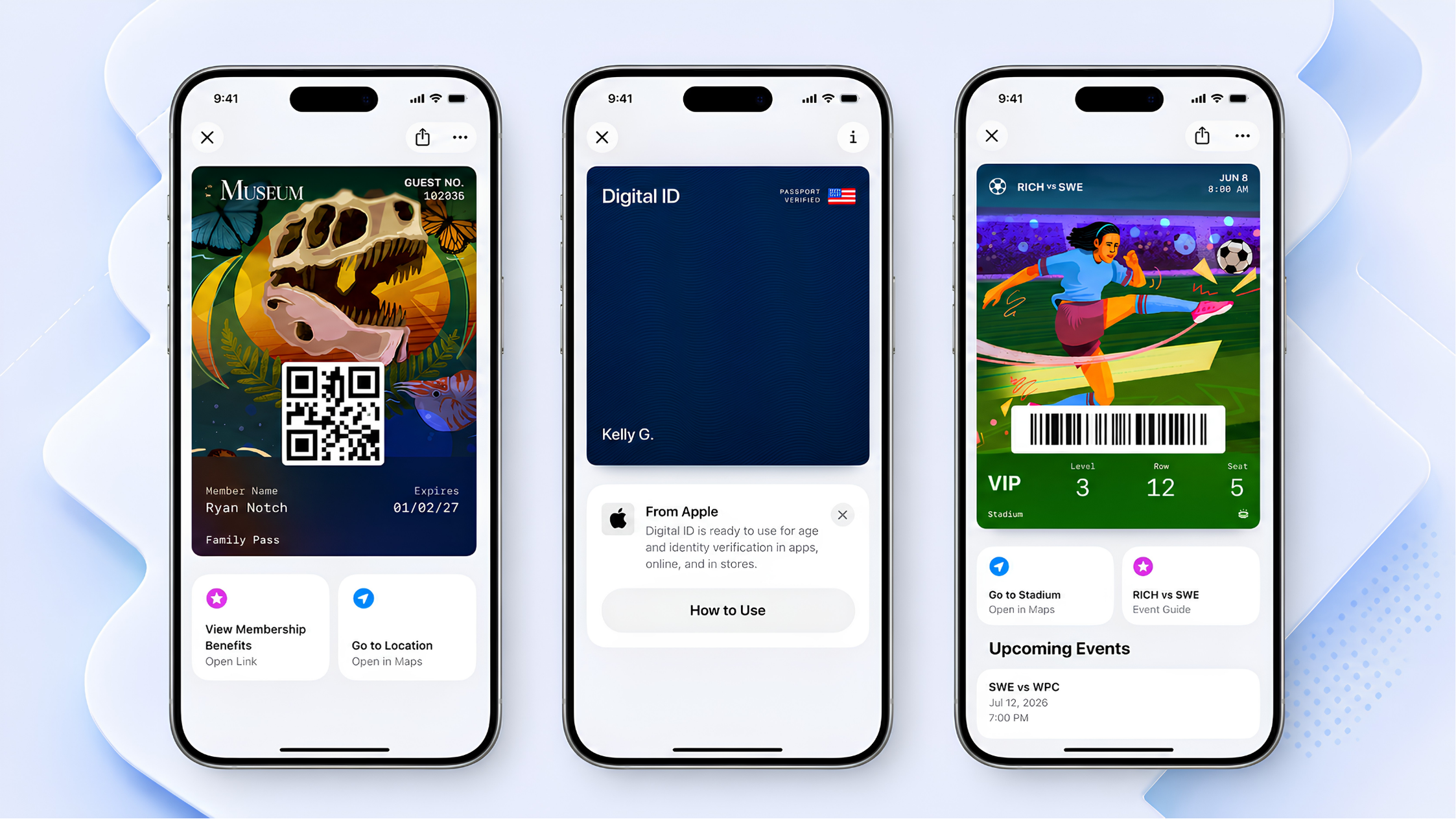 Three iPhone screens displaying Apple Wallet pass examples for membership, digital ID, and event ticketing on a clean blue background.