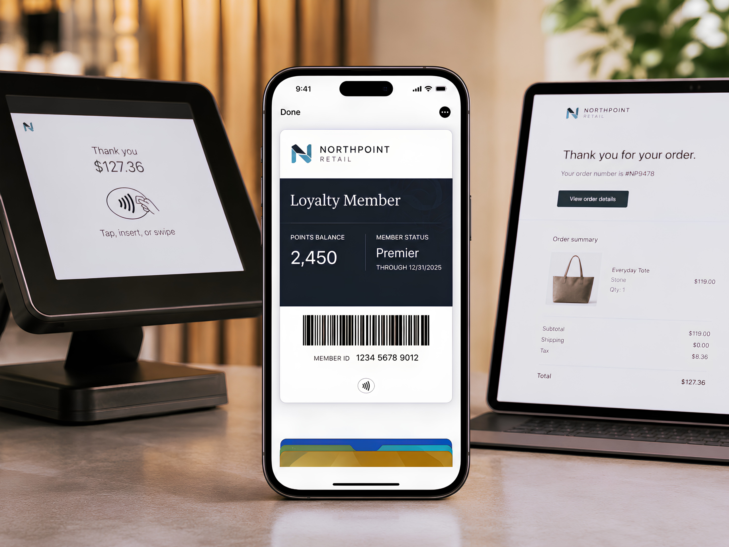 Digital retail loyalty pass displaying points, member status, and a barcode in a mobile wallet.