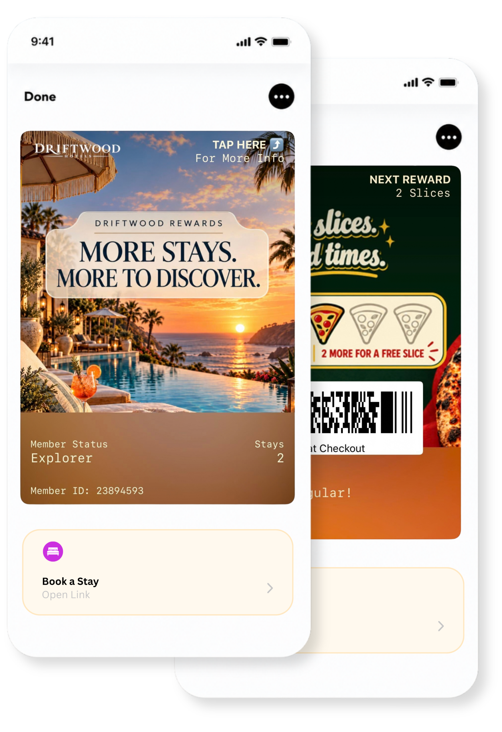 Digital loyalty and rewards passes with customer actions in Apple Wallet.