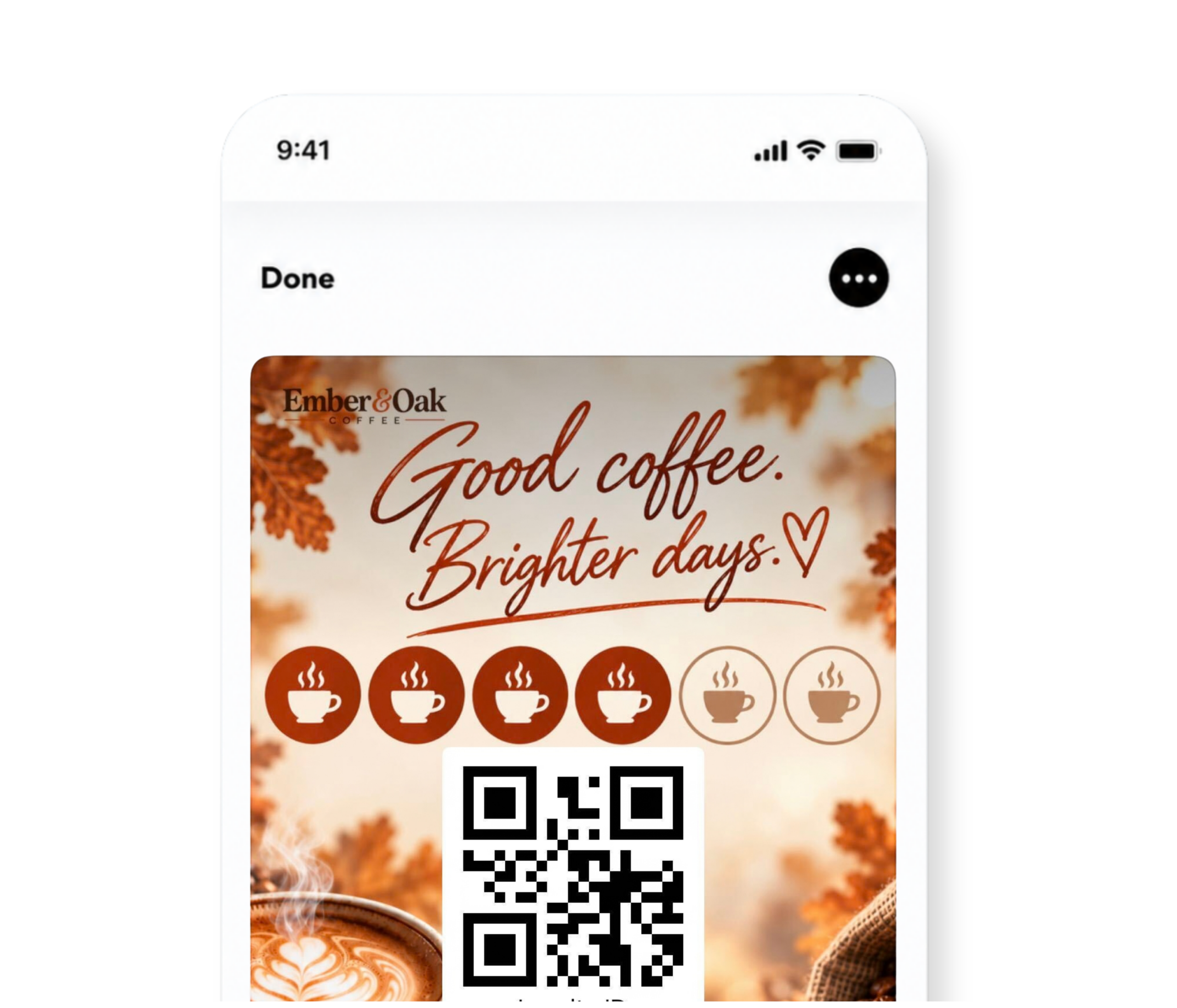 Ember & Oak Coffee digital loyalty wallet pass on a smartphone, showing 4 of 6 stamps collected and a QR code.