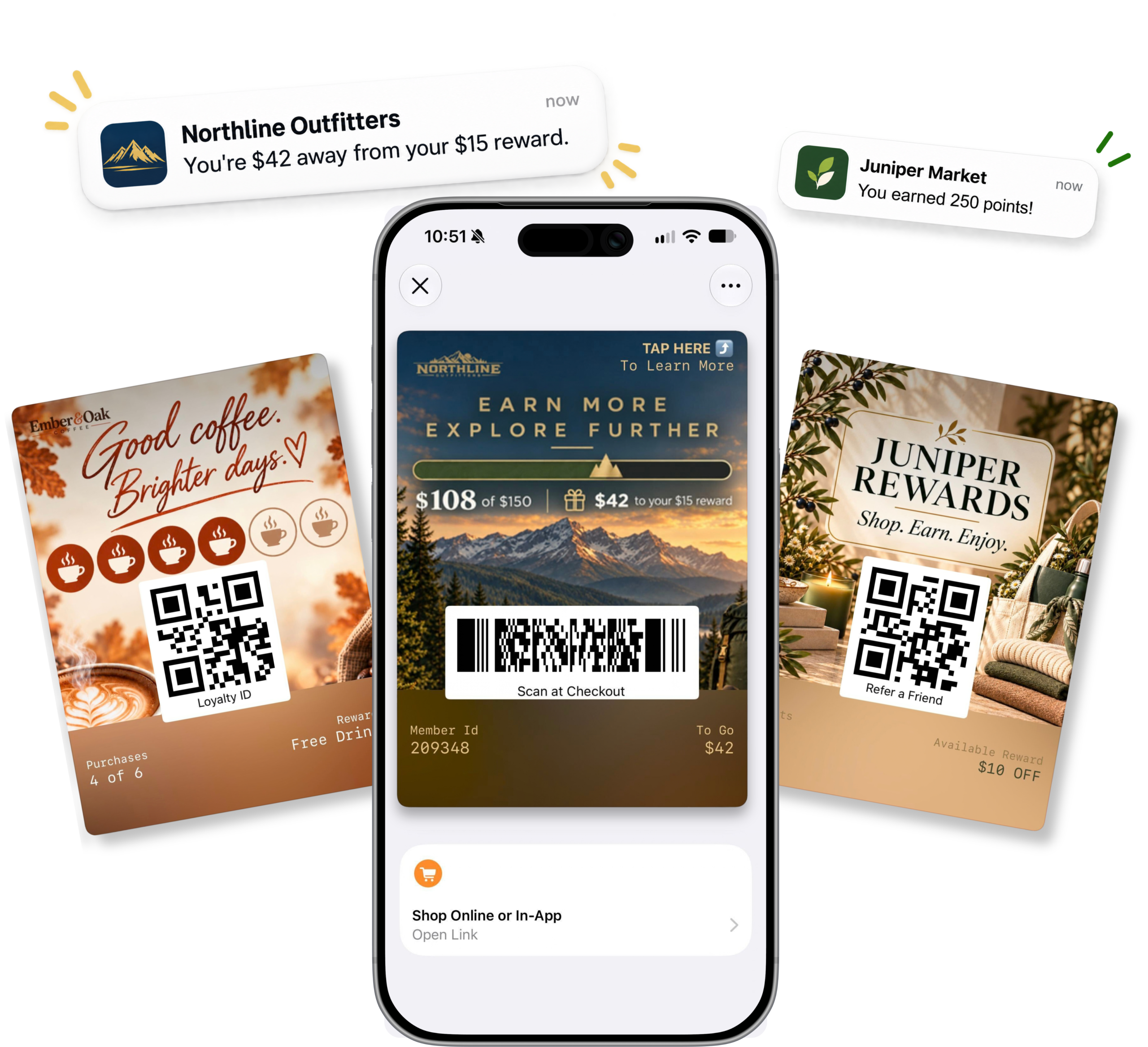 Digital wallet passes and notifications shown in Apple Wallet.